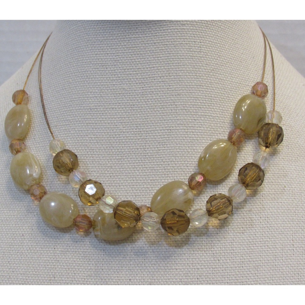 Double Strand Beaded Necklace Marbled Faceted Earth Tones‎ 18"